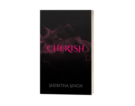 Mockup showing a paperback copy of "Cherish" by SHeritha Singh. The cover is black, with pink smoke and flames behind the title, which is a bright pink.